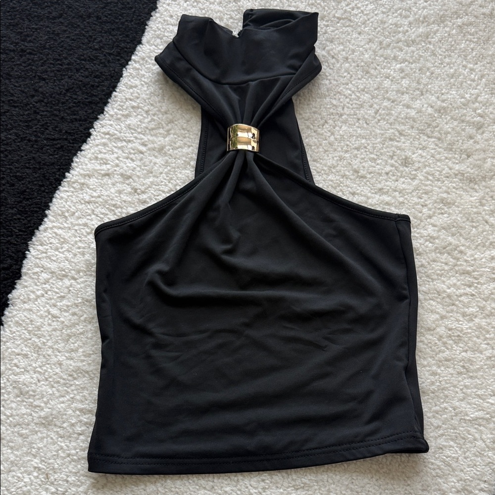 Sleek Black Twist Halter Tank with Gold Accent